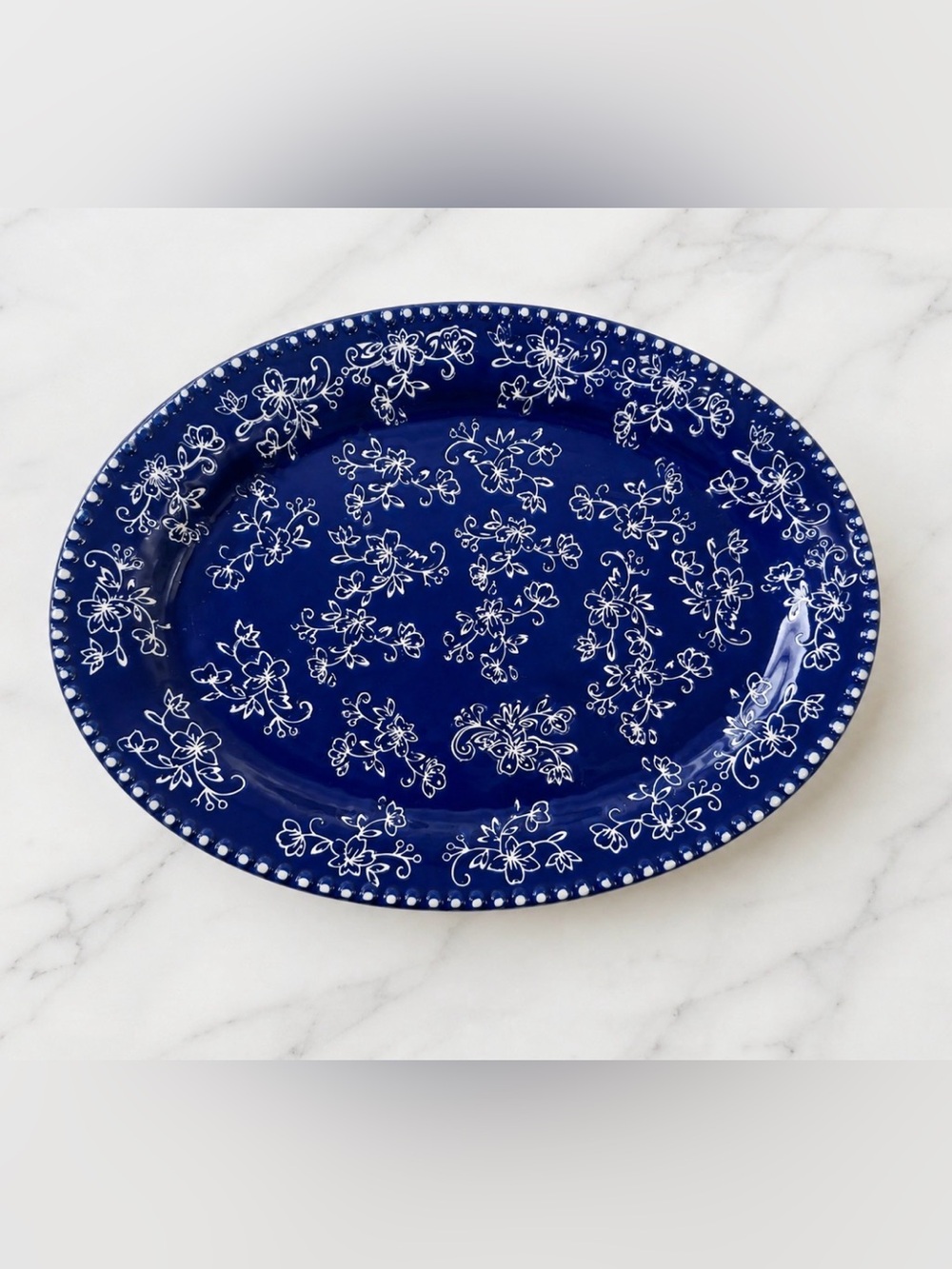 Temp-tations Floral Lace Blue Oval Serving Platter Navy White Ceramic
